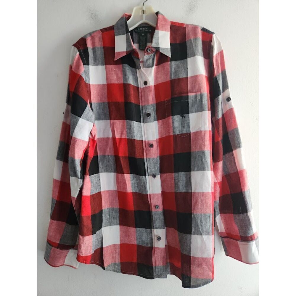 Lauren Ralph Lauren Women Red Grey White 100% Linen Button Up Blouse size Medium